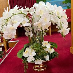 white flowers in a gold vase on a red carpet