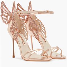 These Heavenly Heeled Sandals Epitomise Sophia Webster's Elegant Aesthetic In Their Rose-Gold Toned Design. Featuring The Brand's Signature Butterfly Detailing At The Heart Of The Style, Crystal Embellishments Adorn The Pair For An Elevated Decadent Touch. Luxury Sandals With Heel Strap And Flat Heel, Luxury Closed Toe Sandals For Cocktail, Sophia Webster Heels, Knee High Gladiator Sandals, High Gladiator Sandals, Butterfly Heels, Rose Gold Shoes, Sophia Webster Shoes, Leo Rising