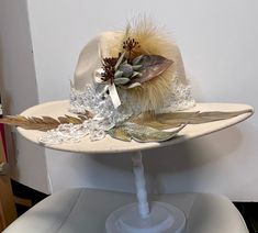 This one of a kind off white felt hat is embellished with pearls, sequins and lace from a wedding gown, the leather feathers are hand painted and the band is embellished with florals and grasses in muted pastel colors. This on is perfect for that Western wedding, festival or even a costume. The band is adjustable with a ribbon. Elegant Adjustable Fedora For Western-themed Events, Fall Wedding Wide Brim Hat, Custom Brimmed Mini Hats For Rodeo, Handmade Western Mini Hats For Kentucky Derby, Custom Handmade Top Hat For Country Events, Custom Handmade Mini Hat For Kentucky Derby, Handmade Custom Mini Hat For Kentucky Derby, Adjustable Wedding Hat For Fall, Handmade Western Costume Hats And Headpieces For Western-themed Events