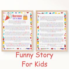 two children's birthday story books with the words funny story for kids on them