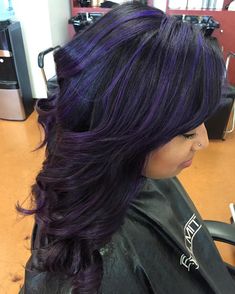 Lavender Streaks In Black Hair, Dark Purple Hair Streaks, Aubergine Highlights, Dark Purple Highlights Dark Hair, Purple Streaks In Hair, Purple Streaks In Black Hair, Black Hair With Purple Underneath, Dark Hair Purple Highlights, Dark Hair With Purple