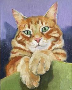 an oil painting of a cat sitting on top of a green chair with its paw resting on the seat