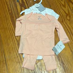 Pants, Long Sleeve And Short Sleeve Onesie All Nwt! Cute White Pants For Playwear, Peach Long Sleeve Sets For Spring, Peach Cotton Sets For Spring, Spring Peach Cotton Sets, Dinosaur Outfit, Matching Sets Outfit, Dinosaur Shirt, Zara Baby