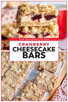 cranberry cheesecake bars stacked on top of each other with the title text overlay