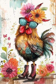 a painting of a rooster with sunglasses and flowers on it's head, wearing boots