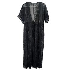 Nwot Size M Black Lace Swim Beach Bikini Coverup Maxi Length Summer Black Open Front Cover-up, Casual Black Open Front Cover-up, Black Open Front Cover-up For Vacation, Black Open Front Cover-up For Festival, Black V-neck Cover-up For Vacation, Casual Black Cover-up For Party, Black Casual Party Cover-up, Casual Black Party Cover-up, Black Short Sleeve Summer Cover-up