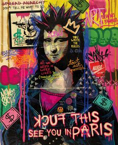 a painting of a man with punk hair and tattoos on his face, surrounded by graffiti