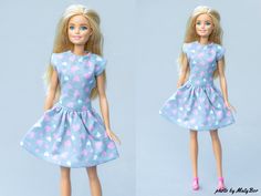 two pictures of a barbie doll wearing a blue dress and pink shoes with hearts on it