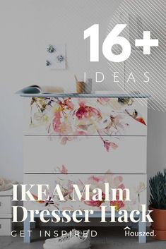 the ikea maln dresser hack is displayed in front of a white wall with pink flowers