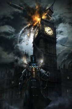 a man standing in front of a tower with a clock on it's face