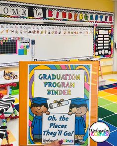 a classroom with colorful floors and posters on the wall that says graduation program binder