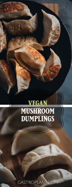 vegan mushroom dumplings in a black plate with text overlay