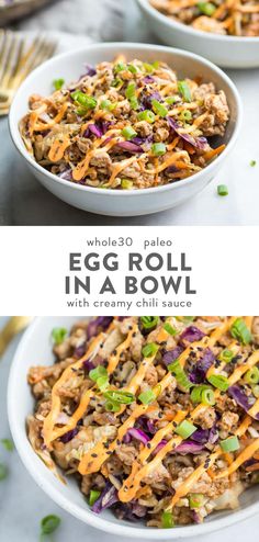 egg roll in a bowl with creamy chili sauce on top and an image of the same side dish