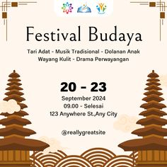 an event poster for festival budaya with pagodas and clouds in the background