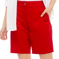 Size: 6 Color: Red Material: 97% Cotton 3% Spandex Care: Machine Wash Cold Inside Out Tumble Dry Low Cool Iron If Needed. Measures: Laying Flat 15" Across Waist, Hips Approximately 21", Rise 10.5", Inseam 9", Total Length Approximately 19". Description: Pretty Red Pair Of Bermuda Shorts With Zip And Button Closure, Belt Loops, W Front Slant Pockets And 2 Back Button Pockets. Casual Red Bermuda Shorts For Summer, Casual Red Knee-length Shorts, Spring Bermuda Shorts In Red, Red Knee-length Shorts With Built-in Shorts, Red Bermuda Shorts For Spring, Red Cotton Bottoms With Built-in Shorts, Red Bermuda Cotton Shorts, Red Cotton Bermuda Shorts, Red Shorts With Short Inseam