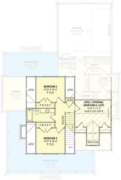 the first floor plan for a home with an attic and second story bedroom on one side