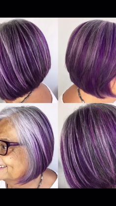 Grey Hair With Purple Highlights, Purple Natural Hair, Silver Purple Hair, Natural White Hair, Purple Grey Hair, Mommy Hairstyles, Violet Hair Colors, Purple Hair Highlights, Grey White Hair