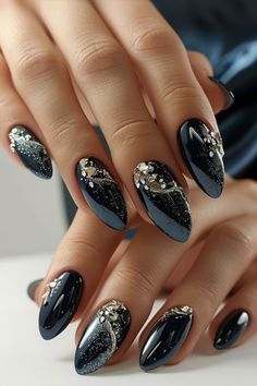 #nail arts# Dark Blue Nails Christmas, Dark Engagement Nails, Nail Ideas Blue And Black, Navy Wedding Nails Bridesmaid, Christmas Nails Navy, Winter Dark Nails, Dark Elegant Nails, Dark Nails Designs