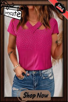 Rose Rhinestone Criss Cross Short Sleeve T Shirt Short Sleeve T Shirt, T Shirt Women, Women Tops, Shirt Women, Criss Cross, Womens Tops, Tops & Tees, T Shirt