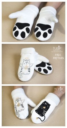 three pictures showing how to make cat paw mitts for kids with black and white cats on them