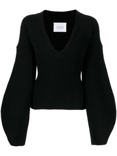 black wool-cashmere blend ribbed knit V-neck long puff sleeves straight hem Galvan London, Long Puff Sleeves, 2000s Fashion, Knitted Jumper, Sweater Long Sleeve, Work Attire, New Wardrobe, Black Wool, Outfit Details