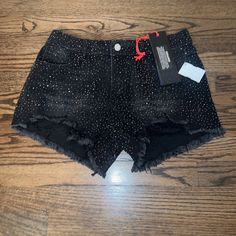 Rhinestone Denim Shorts Black Grey Denim Includeds Tags Excellent Condition Casual Stretch Bottoms With Rhinestones, Casual High Rise Jeans With Rhinestones, Black Denim Jeans For Party, Casual High-rise Rhinestone Jeans, Black Rhinestone Short Bottoms, Fitted Black Bottoms With Rhinestone Fringe, Black Rhinestone Embellished Short Bottoms, Black Rhinestone-embellished Short Bottoms, Casual Rhinestone Party Jeans