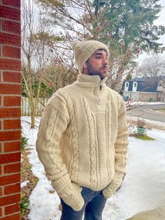 This is a gorgeous handmade Cable Design soft wool sweater with a cozy Sherpa Fleece lining . It features a convenient 1/4 zipper for easy wear. It's super soft and perfect for chilly days. CARE INSTRUCTIONS  Hand wash in cold water (no bleach) or dry clean. Warm Winter Sweater For Outdoor Wear, Outdoor Winter Sweater, Half-zip Winter Outdoor Sweater, Winter Half-zip Outdoor Sweater, Winter Outdoor Half-zip Sweater, Winter Wool Half-zip Sweater, Cozy Wool Polo Sweater, Winter Cable Knit Half-zip Sweater, Cozy Merino Wool Warm Sweater