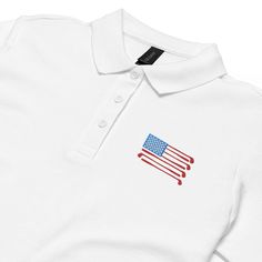 a white polo shirt with an american flag on it