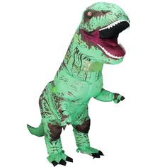 an inflatable dinosaur costume is shown with its mouth open and it's tongue out