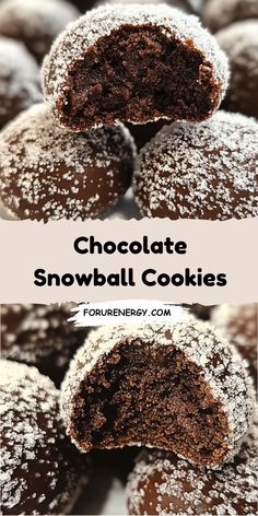 chocolate snowball cookies stacked on top of each other