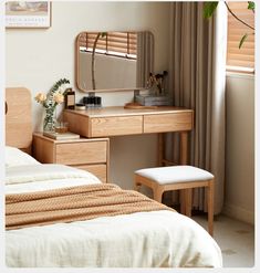 a bedroom scene with focus on the bed and dressing table, along with a stool