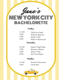 the new york city bachelor bachelor party flyer is shown in yellow and white stripes with a car on it