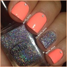 Glittering Orange and Silver Nail Design Silver Nail Designs, Unghie Nail Art, Peach Nails, Nagellack Trends, Trendy Nail Art, Get Nails, Neon Nails, Silver Nails, Pedicures