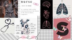 a collage of photos with different medical related items and words on them, including the letter s