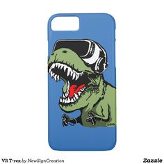 a phone case with an image of a dinosaur wearing headphones on it's face