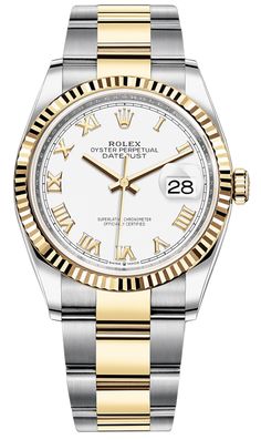 126233 White Roman Oyster Rolex Datejust 36mm Stainless Steel and Yellow Gold Ladies Watch Rolex Datejust 36mm, Buy Rolex, Oyster Perpetual Datejust, New Rolex, Rolex Models, Womens Watches Luxury, Rolex Oyster Perpetual, Rolex Oyster, Rolex Daytona