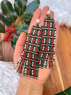 Christmas Party Earrings, Seed Bead Fringe Earrings, Christmas Wardrobe, Bead Fringe Earrings, Christmas Tartan, Square Stitch, Bead Fringe, Party Earrings, Holiday Style