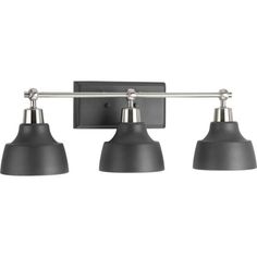 three light bathroom fixture with an adjustable arm and two shades on each side, in satin black