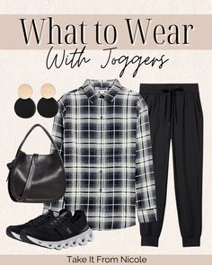 what to wear with joggers outfit with flannel shirt. outfit with black joggers. Outfit With Black Joggers, What To Wear With Joggers, Style A Flannel Shirt, How To Style A Flannel Shirt, Jogger Pants Outfit Winter, How To Style A Flannel, Outfit With Flannel, Jogger Outfit Casual, Black Joggers Outfit