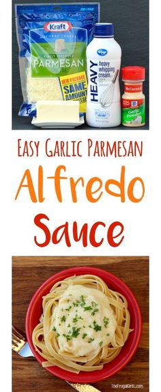 an easy garlic parmesan alfredo sauce recipe on a red plate with ingredients in the background