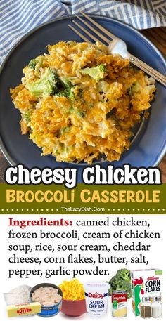 broccoli casserole recipe on a blue plate with text that reads cheesy chicken broccoli casserole