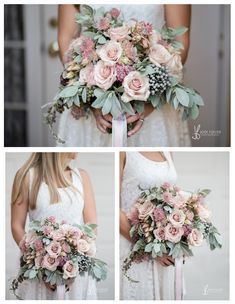 the bride's bouquet is made up of pink roses and greenery, while her wedding