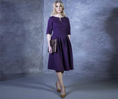 Dark purple dress with pleated skirts. Golden color detail in neckline. Dress with mid sleeves and zipper on the side, tying belt at the back. ➤ Features > dress length: 105 cm / 41,3'' > mid sleeves > v neckline with detail > pleats at skirt part > tying waistband at the back ➤ Sizing My Size Guide in FAQ section below will help you define the perfect size match. The item can also be made according to your measurements - just message them to me. ➤ Delivery Your item is made-to-or Formal Clothing Women, Pleated Dress Formal, Purple Dress Midi, Dark Purple Midi Dress, Elegant Purple Dress, Elegant Purple Dresses, Purple Dress Outfits, Dark Purple Dress, Dark Purple Dresses