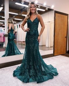 Breeze Bridal, Prom & Pageant on Instagram: "Glisten in this emerald dream✨ in store & online now! PROM 2023 is HERE!!! Shop THOUSANDS of new 2023 dresses sizes 000-26 all in one place - Breeze Boutique in Columbia, Missouri! Walk ins welcome! . Dress: P2407 Also available in black . We ship! Shop online - www.breezeprom.com (linked in bio) . December Store Hours Mon/Tues/Thurs/Fri 11AM-5PM Saturday 10AM-3PM Sunday 12-3PM (closed Wed) . January-March Store Hours Mon/Tues/Thurs/Fri 11AM-5PM Satu Dark Green Prom Dress, Stylish Gown, Green Tulle, Spaghetti Strap Prom Dress, V Neck Prom Dresses, Green Mermaid, Mermaid Sequin, Long Prom Gowns, Green Prom Dress