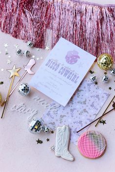 disco cowgirl, birthday party, kids theme party, aesthetic, pink , glitter, purple, disco balls, fringe , sugar cookies, desserts, cake, kids outfits, party theme , cowgirl boots , metallic , stars, western theme party, birthday theme Party Boards, Kids Party Inspiration, 22 Birthday, Cake Kids