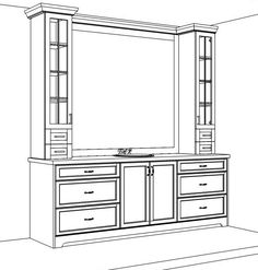 a drawing of a bathroom vanity with mirror