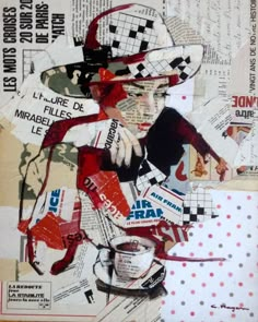 a collage of newspaper paper with a woman wearing a hat and holding a cup