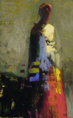 an abstract painting of a woman standing in front of a wall