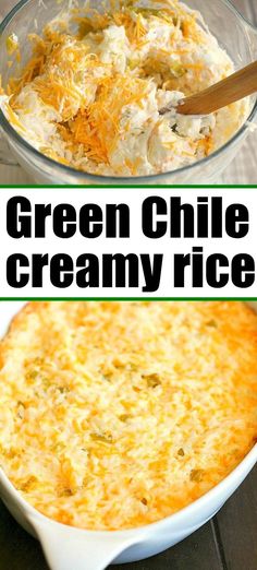 green chile and creamy rice casserole in a white dish