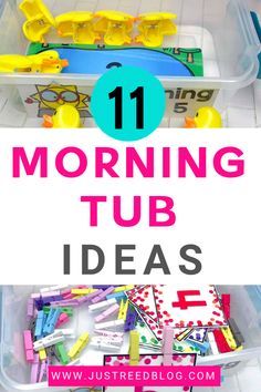 a plastic container filled with lots of toys and the words morning tub ideas on it